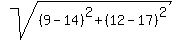sqrt%28%289-14%29%5E2%2B%2812-17%29%5E2%29