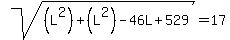 sqrt%28%28L%5E2%29%2B%28L%5E2%29-46L%2B529%29=17