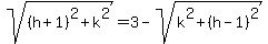 sqrt%28%28h%2B1%29%5E2+%2B+k%5E2%29+=+3+-+sqrt%28k%5E2+%2B+%28h-1%29%5E2%29