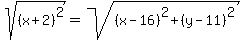 sqrt%28%28x%2B2%29%5E2%29=sqrt%28%28x-16%29%5E2%2B%28y-11%29%5E2%29