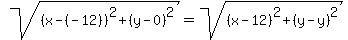 sqrt%28%28x-%28-12%29%29%5E2%2B%28y-0%29%5E2%29=sqrt%28%28x-12%29%5E2%2B%28y-y%29%5E2%29