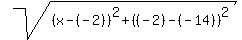 sqrt%28%28x-%28-2%29%29%5E2%2B%28%28-2%29-%28-14%29%29%5E2%29