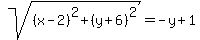 sqrt%28%28x-2%29%5E2%2B%28y%2B6%29%5E2%29+=+-y%2B1
