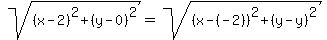 sqrt%28%28x-2%29%5E2%2B%28y-0%29%5E2%29=sqrt%28%28x-%28-2%29%29%5E2%2B%28y-y%29%5E2%29