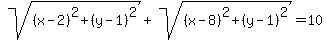 sqrt%28%28x-2%29%5E2%2B%28y-1%29%5E2%29%2Bsqrt%28%28x-8%29%5E2%2B%28y-1%29%5E2%29=10