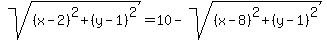 sqrt%28%28x-2%29%5E2%2B%28y-1%29%5E2%29=10-sqrt%28%28x-8%29%5E2%2B%28y-1%29%5E2%29