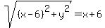 sqrt%28%28x-6%29%5E2+%2B+y%5E2%29+=+x%2B6