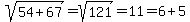 \"sqrt%28+54%2B67%29+=+sqrt%28+121%29+=+11+=+6+%2B+5+\"