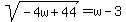 sqrt%28-4w%2B44%29+=+w-3