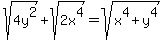sqrt%284y%5E2%29%2B+sqrt%282x%5E4%29=+sqrt%28x%5E4%2By%5E4%29