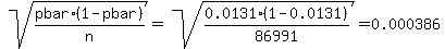 sqrt%28pbar%2A%281-pbar%29%2Fn%29=sqrt%280.0131%2A%281-0.0131%29%2F86991%29=0.000386