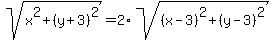 sqrt%28x%5E2%2B%28y%2B3%29%5E2%29=2%2Asqrt%28%28x-3%29%5E2%2B%28y-3%29%5E2%29