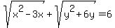 sqrt%28x%5E2-3x%29+%2B+sqrt%28y%5E2%2B6y%29=+6