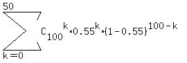 sum%28C%5B100%5D%5Ek%2A0.55%5Ek%2A%281-0.55%29%5E%28100-k%29%2Ck=0%2C50%29