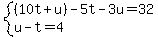 system%28%2810t%2Bu%29-5t-3u=32%2Cu-t=4%29