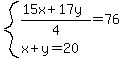 system%28%2815x%2B17y%29%2F4=76%2Cx%2By=20%29