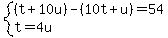 system%28%28t%2B10u%29-%2810t%2Bu%29=54%2Ct=4u%29