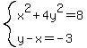 system%28+x%5E2+%2B4y%5E2=8%2Cy-x=-3%29
