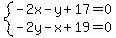 system%28-2x-y%2B17=0%2C-2y-x%2B19=0%29