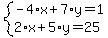 system%28-4%2Ax%2B7%2Ay=1%2C2%2Ax%2B5%2Ay=25%29