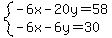 system%28-6x-20y=58%2C-6x-6y=30%29