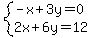 system%28-x%2B3y=0%2C2x%2B6y=12%29