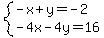 system%28-x%2By=-2%2C-4x-4y=16%29