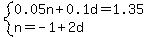 system%280.05n%2B0.1d=1.35%2Cn=-1%2B2d%29