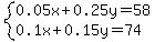 system%280.05x%2B0.25y=58%2C0.1x%2B0.15y=74%29