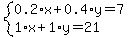 system%280.2%2Ax%2B0.4%2Ay=7%2C1%2Ax%2B1%2Ay=21%29