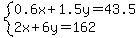 system%280.6x%2B1.5y=43.5%2C2x%2B6y=162%29