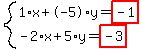 system%281%2Ax%2B-5%2Ay=highlight%28-1%29%2C-2%2Ax%2B5%2Ay=highlight%28-3%29%29