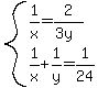 system%281%2Fx+=+2%2F%283y%29%2C1%2Fx%2B1%2Fy+=+1%2F24%29