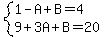 system%281-A%2BB=4%2C9%2B3A%2BB=20%29
