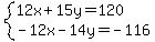 system%2812x%2B15y=120%2C-12x-14y=-116%29