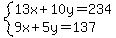 system%2813x%2B10y=234%2C9x%2B5y=137%29