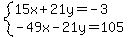system%2815x%2B21y=-3%2C-49x-21y=105%29