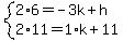 system%282%2A6=-3k%2Bh%2C2%2A11=1%2Ak%2B11%29