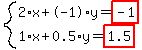 system%282%2Ax%2B-1%2Ay=highlight%28-1%29%2C1%2Ax%2B0.5%2Ay=highlight%281.5%29%29