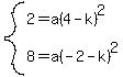 system%282=a%284-k%29%5E2%2C8=a%28-2-k%29%5E2%29