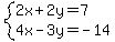 system%282x%2B2y=7%2C4x-3y=-14%29