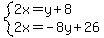 system%282x=y%2B8%2C2x=-8y%2B26%29