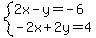 system%282x-y=-6%2C-2x%2B2y=4%29