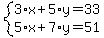 system%283%2Ax%2B5%2Ay=33%2C5%2Ax%2B7%2Ay=51%29