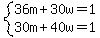 system%2836m+%2B+30w+=+1%2C%0D%0A30m+%2B+40w+=+1%29
