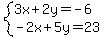 system%283x%2B2y=-6%2C-2x%2B5y=23%29