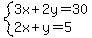 system%283x%2B2y=30%2C2x%2By=5%29