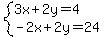 system%283x%2B2y=4%2C-2x%2B2y=24%29