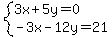 system%283x%2B5y=0%2C-3x-12y=21%29