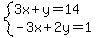 system%283x%2By=14%2C-3x%2B2y=1%29